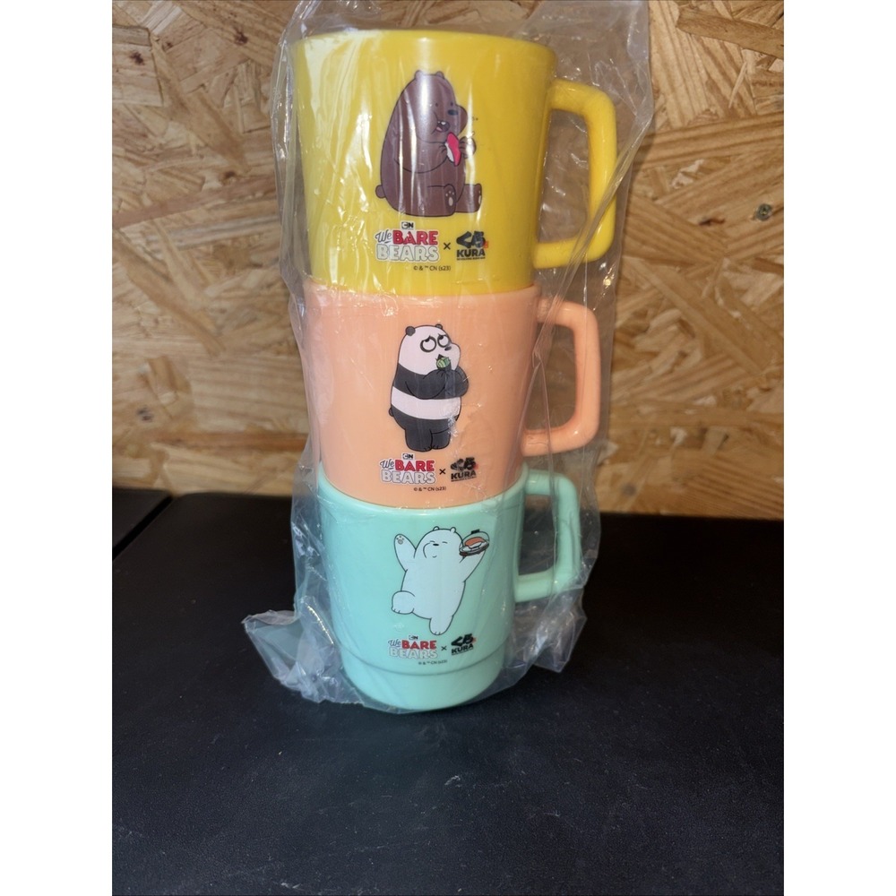 We Bare Bears X Kura Sushi 3 Cup Set Special Stackable. Mug Peach, Yellow,‎ Mint